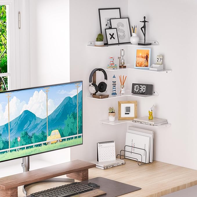 Sezanrpt 11.4x16 Inch Acrylic Corner Floating Shelf Set of 4, White Corner Wall Shelf for Home Décor, Speakers, Security Cameras, Toileries, Plants, Figures, Cosmetics, Books