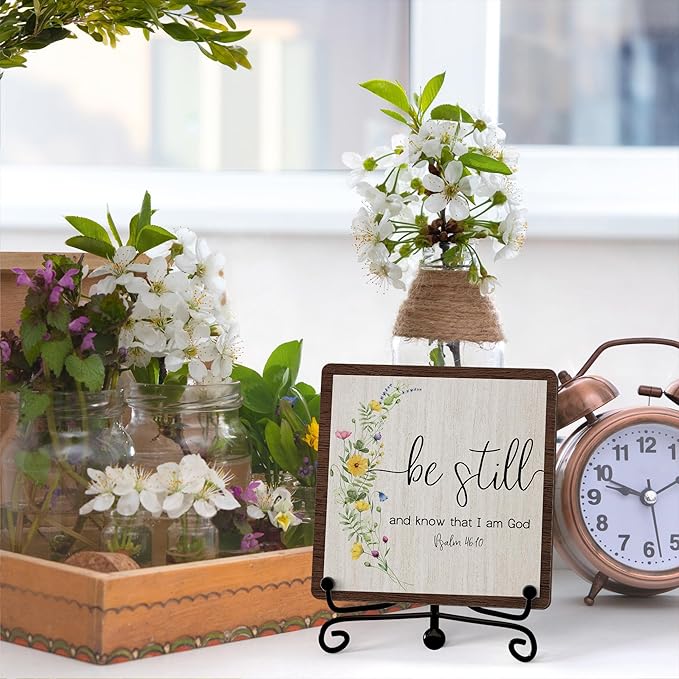 Inspirational Christian Desk Decor, Be Still And Know That I Am God Rutsic Sign, Desk Decorations For Office Home Living Room Bathroom, Eucalyptus Shelf Decor, Wooden Plaque With Stand (04)