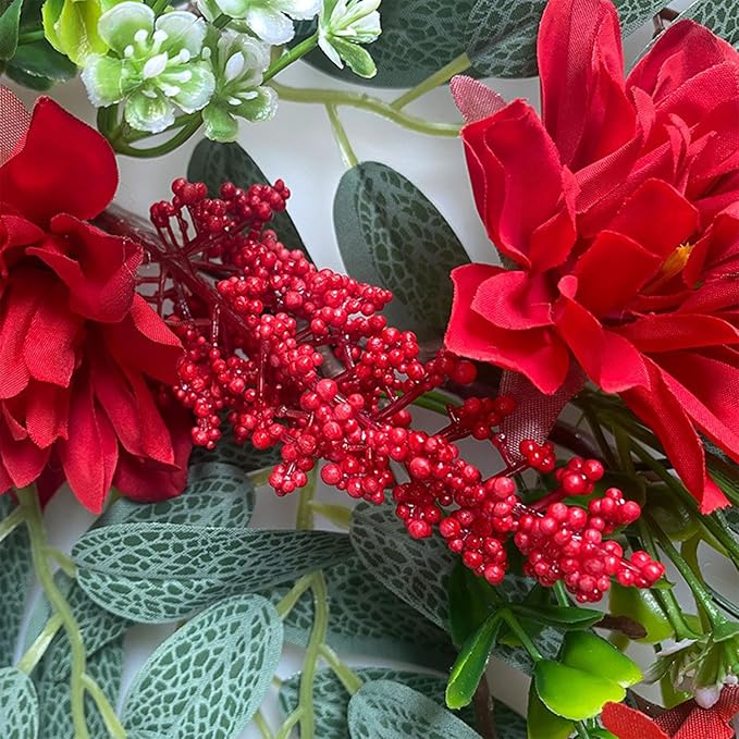 Artificial Hydrangea Teardrop Swag Hanging Floral Spring Swag Wreath with Willow Leaves Fake Plant Ivy Branch for Front Door Wedding Arch Window Wall Decor(Red)