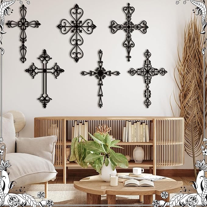 Soaoo 6 Pcs Wooden Wall Crosses Decor Religious Antique Hand Carved Wall Hanging Cross for Home Decor Decorative Cross Catholic Crucifix for Living Room, 12 x 8 Inch