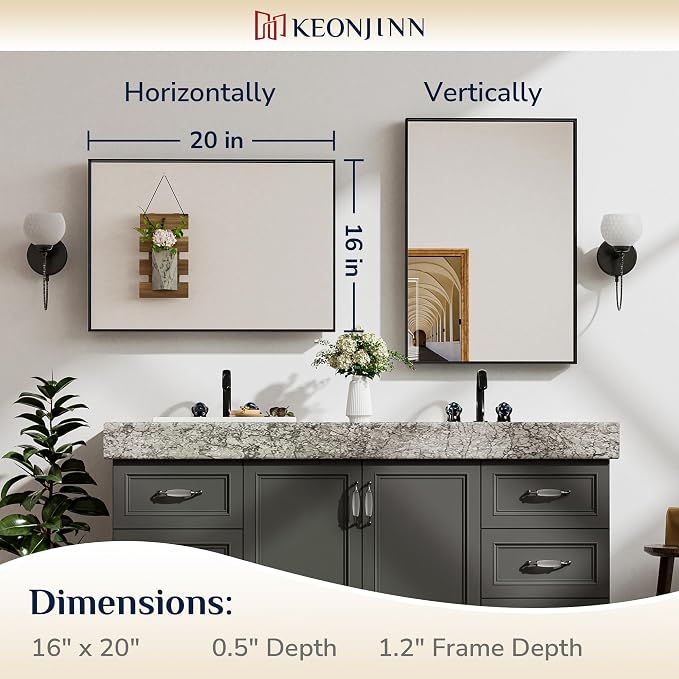 Keonjinn Black Bathroom Mirror 16 x 20 Inch, Metal Framed Small Black Mirror, Rectangular Wall Mount Mirrors Square Corner, Modern Farmhouse Bathroom Vanity Mirrors for Over Sink(Horizontal/Vertical)