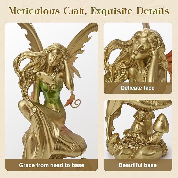 Resin Fairy Statue Elegant Fantasy Decor, Hand-Painted Angel Figurine Graceful Fairy Sculpture for Bookshelf, Mantel, Indoor Outdoor Decor, Thoughtful Gift for Women, Girls (Thinking)