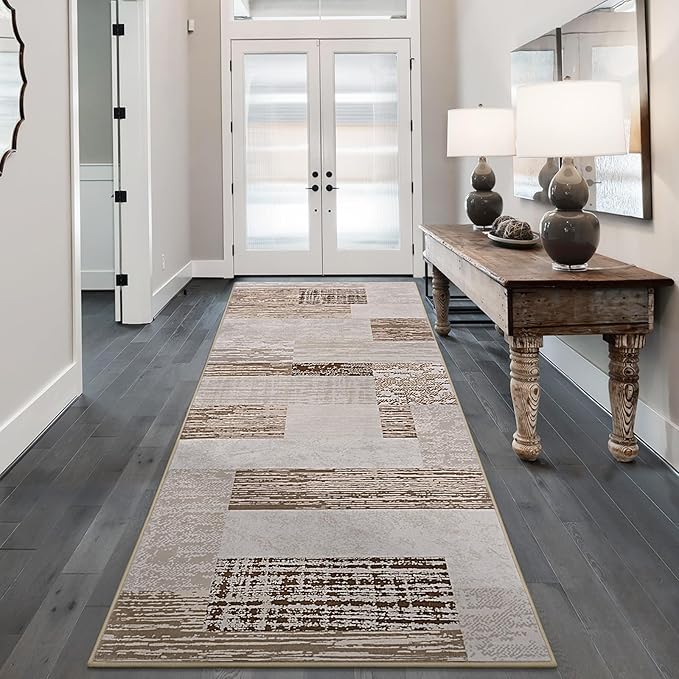 FlyDOIT Modern Geometric Patchwork Area Rug, 2x6 Beige Runner Rugs for Living Room, Rockwood Collection Indoor Rugs for Bedroom, Throw Carpet Floor Decor for Entryway Dining Room Office Nursery