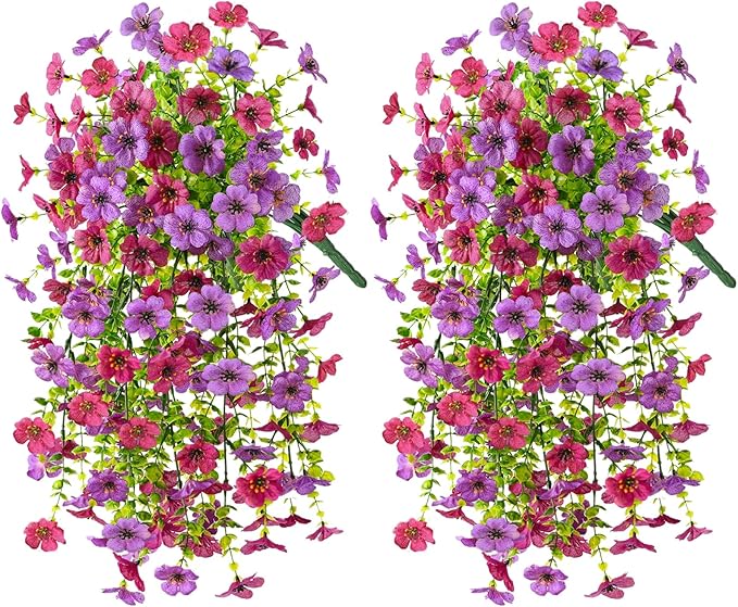 INQCMY 2Pcs Artificial Fake Hanging Flowers for Outdoors UV Resistant Artificial Plants for Spring Summer Decor Look Real Faux Flowers for Outside Home Planter Porch Patio Decor