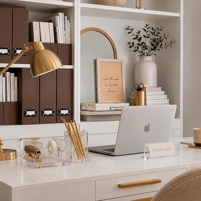 BLU MONACO | Cardboard Magazine File Holder Set of 6 | Vertical Magazine File Holder with Leather Label Slots | Standing File Holder and Cardboard Bins for Shelves Desk Office