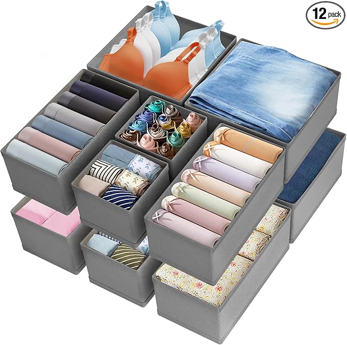 Drawer Organizer Clothes & Dresser Organizers - 12 Pack Foldable Drawer Dividers, Baby Clothes Organizer & Nursery Storage for Sock, Underwear, Bra, Belt, Closet and Dresser Drawer Organizers(Grey)