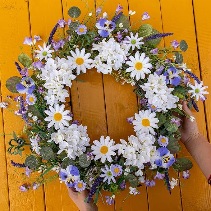 22 Inches Summer Wreaths for Front Door Spring Flower Wreath Farmhouse Spring Floral Wreaths Country Summer Door Wreath with Phalaenopsis Orchid Hydrangea Sunflower for Window Wall Porch Decoration