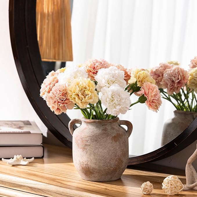 Ceramic Flower Vase Home Decor - 6 Inch Farmhouse Rustic Table Vases with Handle Living Room Decoration Decorative Vintage Pottery for Kitchen Shelf Coffee Dining Bookshelf Fireplace Centerpiece