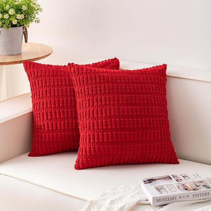 Aegero Pack of 2 Christmas Red Corduroy Decorative Throw Pillow Covers 18x18 InchSoft Boho Striped Pillow Covers Modern Farmhouse Home Decor for Sofa Living Room Couch Bed（Red）