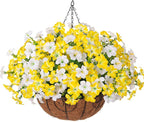 INSPRING Artificial Hanging Flowers for Outdoors Baskets Spring Fake Plants Outdoor Decoration, UV Resistant Faux Morning Glory in Planter Look Real Silk Flowers for Outside Patio Porch Balcony Garden