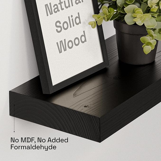 BAOBAB WORKSHOP Solid Wood Floating Shelves for Wall 12 Inch Wide, Small Wooden Shelf Kitchen Bedroom, Bathroom Shelves for Room Wall Mounted, Black Shelf, 12W × 6.7D, Set of 2