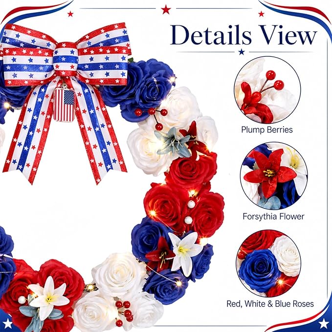 250th Anniversary Lighted Patriotic Wreath for Front Door 22 Inch 4th of July Artificial Red White and Blue Rose Wreath with Oversized Bow American Flag Wreaths for Memorial Day Independence Day Decor
