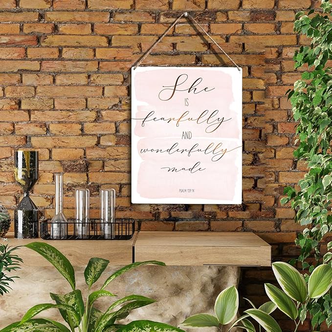 Inspirational She is Fearfully and Wonderfully Made Bible Verse Wood Sign Rustic Psalm 139:14 Flowers Christian Wooden Hanging Plaque for Home Wall Art Decoration 8 x 10 Inches Present