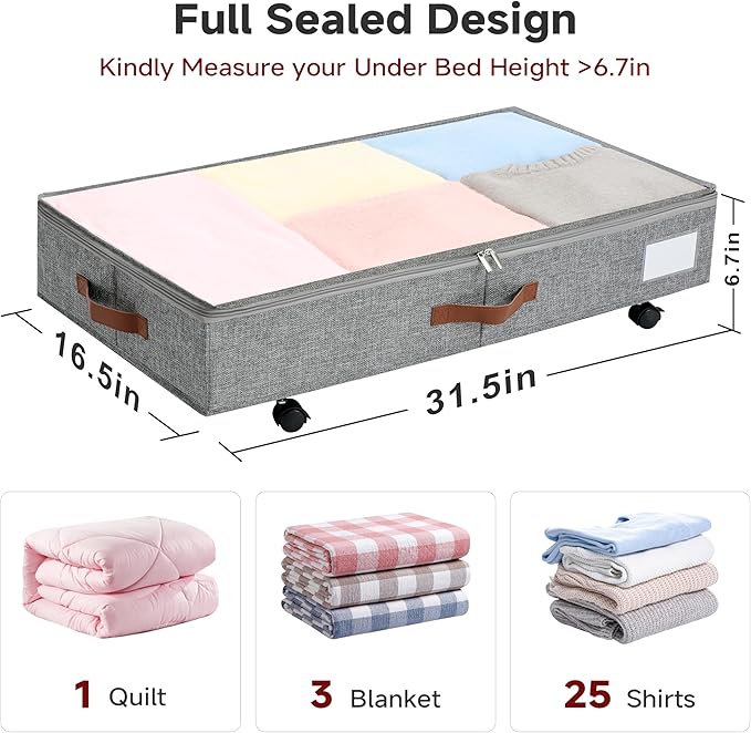 Under Bed Storage with Wheels Set of 2 Packs, Large Underbed Storage Containers with Clear Lid, Rolling Under Bed Shoe Organizer, Wheeled Under Bed Drawers for Blankets, Clothes, Shoe, Bedding Grey