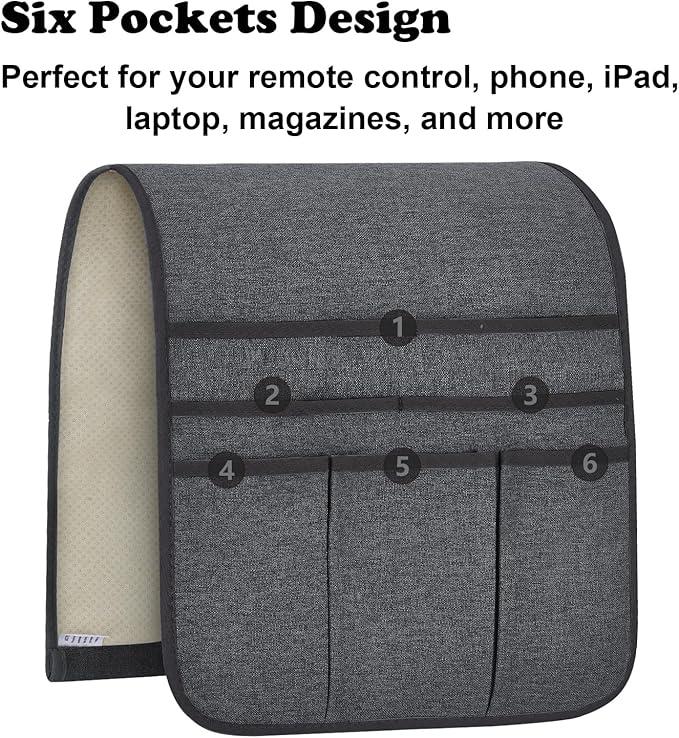 Teniux Remote Control Holder Armchair Caddy for Recliner Couch, Non-Slip Armrest Organizer with 5 Pockets for Magazine, Tablet, Phone, iPad (Dark Grey)