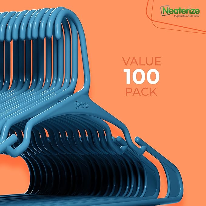 NEATERIZE Clothes Hangers Plastic 100 Pack for Adults - Plastic Hangers, The Perfect Coat Hanger and Space Saving Clothes Hangers for Closet - Blue Hangers