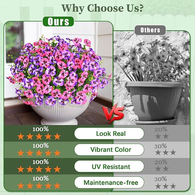 MARTINE MALL 12 Bundles Look Real Artificial Flowers for Outdoors, Realistic Fake Outdoor Flowers, UV Resistant Silk Pansy Flowers for Outside Faux Flowers Plants for Outdoor Porch Patio, Pink+Purple