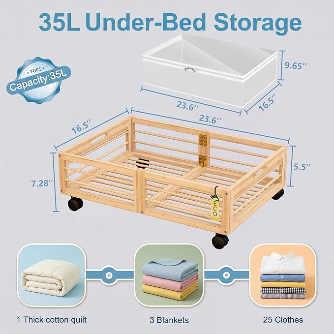 Under Bed Storage Containers with Wheels, Larger Bamboo Wood Under Furniture Storage Containers with Dust Bags，Rolling for Shoes Clothes