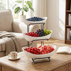 jessie 3 Tier Ceramic Fruit Basket for Kitchen Counter with Metal Stand, Fruit Bowls with Rack, Porcelain Bowls for Vegetable Bread Candy Snack Nuts Dessert Cake Tray