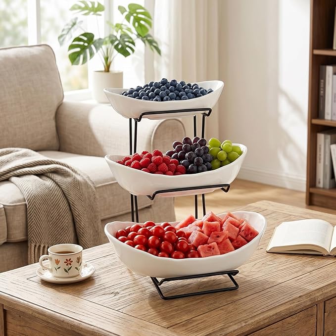jessie 3 Tier Ceramic Fruit Basket for Kitchen Counter with Metal Stand, Fruit Bowls with Rack, Porcelain Bowls for Vegetable Bread Candy Snack Nuts Dessert Cake Tray