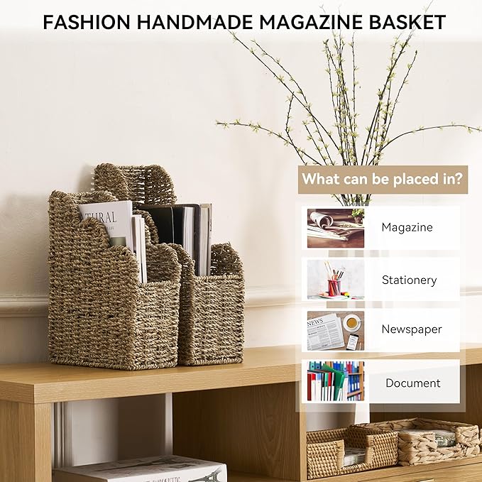 BROWNLILY Scalloped Magazine Holder Set of 2 - Natural Handwoven Seagrass Book Baskets for Bedroom, Bathroom, Living Room, Home, Office - Home Organization and Storage