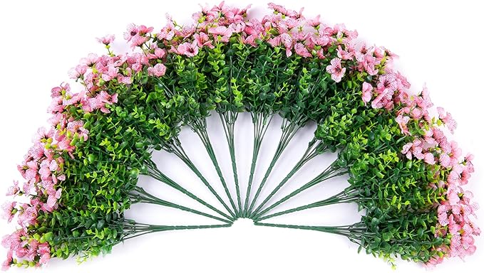 Artificial Flowers for Outdoors Daisy 12 Bundles for Home Decoration, Faux Flower Fake Plants Outside Decoration with Eucalyptus UV Resistant for Planter Porch Patio Yard Garden Pink