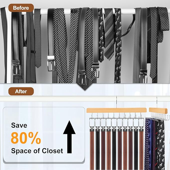 TOPIA HANGER 2 Pack 2 in 1 Belt Tie Hanger for Closet Max 60 Belts with 60 Ties Capacity, 20 Hooks Belt Tie Racks Wooden Hanger for Closet Organizer Space Saving “U” Fit Belt and “一” Fit Tie - CT59N