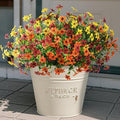 Artificial Flowers for Outdoors 12 Bundles Fake Plants Spring Home Decoration, Realistic Faux Flower Silk Daisy with Eucalyptus Stem UV Resistant Patio Planter Porch Yard Window (Yellow Brown Orange)
