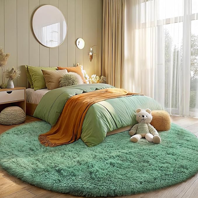 OLANLY Mint Green Round Rugs for Bedroom - Machine Washable, 6 ft Circle Area Rugs for Living Room, Soft and Fluffy Shaggy Carpet for Teen Girls and Boys, Nursery Rooms, Dorms, Home Decor Aesthetic