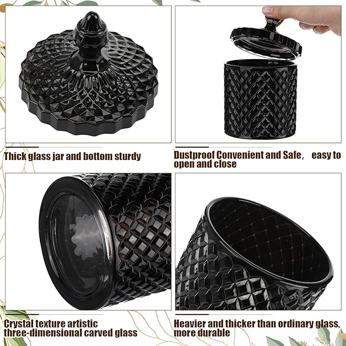 Aoriher 4 Pcs Crystal Glass Candy Jar Set with Lids Home Decorative Storage Jars for Apothecary, Bathroom, Kitchen, and Pantry, Ideal for Cotton Swabs and Jewelry(Large,Black)