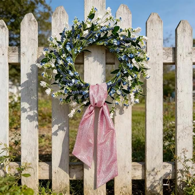 22 Inch Blue & White Floral Wreaths for Front Door, Spring Summer Floral Wreath with Pink Sash, Farmhouse Wreath for Porch, Wall, Window, Indoor Outdoor Home Decor