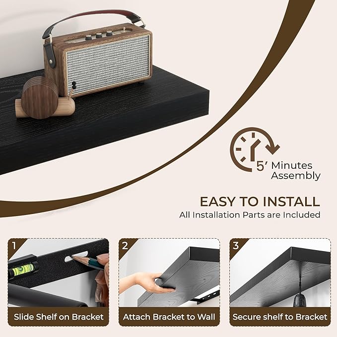 RICHFOCUS 55Inch Floating Shelves for Wall 2 Pack Shelves for Bedroom|Kitchen|Bathroom Wall Mounted Rustic Wood Floating Shelf with Invisible Brackets for Books|Storage|Decor, Black