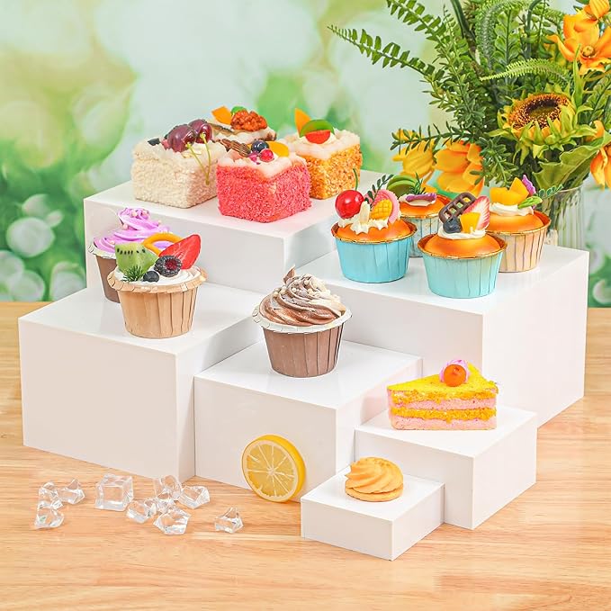 Geelin 6 Pack Acrylic Risers for Display Acrylic Cube Boxes Risers Display Stands with Hollow Bottoms Decorative Stand for Jewelry Candy Table Decor 6 Sizes(White,3 to 8 Inch,Square)