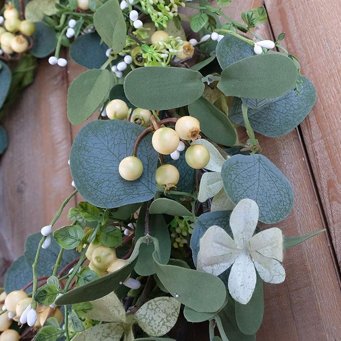 20Inch Artificial Eucalyptus Berry Wreath Green Leaf Eucalyptus Wreaths Spring Summer Wreath for Front Door Window Hanging Wall Party Decorations (20in)