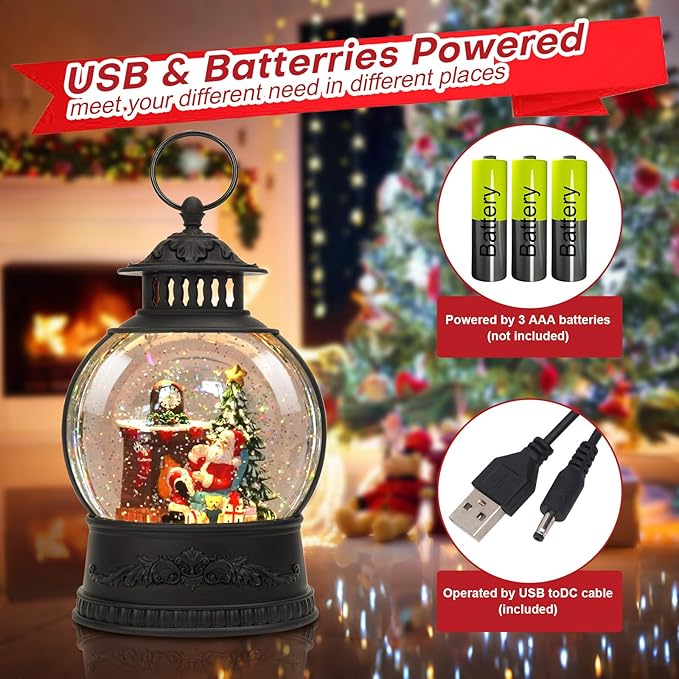 Christmas Snow Globe Water Lantern with Timer and Music, USB and Battery Operated Lighted Led Globe, Santa Snowglobe Table Decorations Indoor for Adults Home Holiday (Santa)