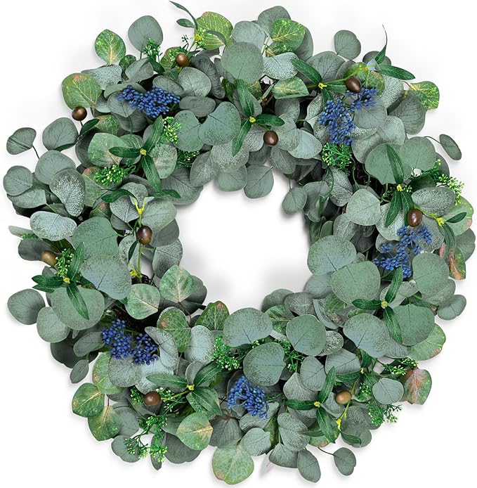 22 Inch Eucalyptus Wreath with Olive Leaves and Berries All Year Round, Handmade Green Spring Summer Wreaths for Front Door Indoor Outdoor Wedding Holiday