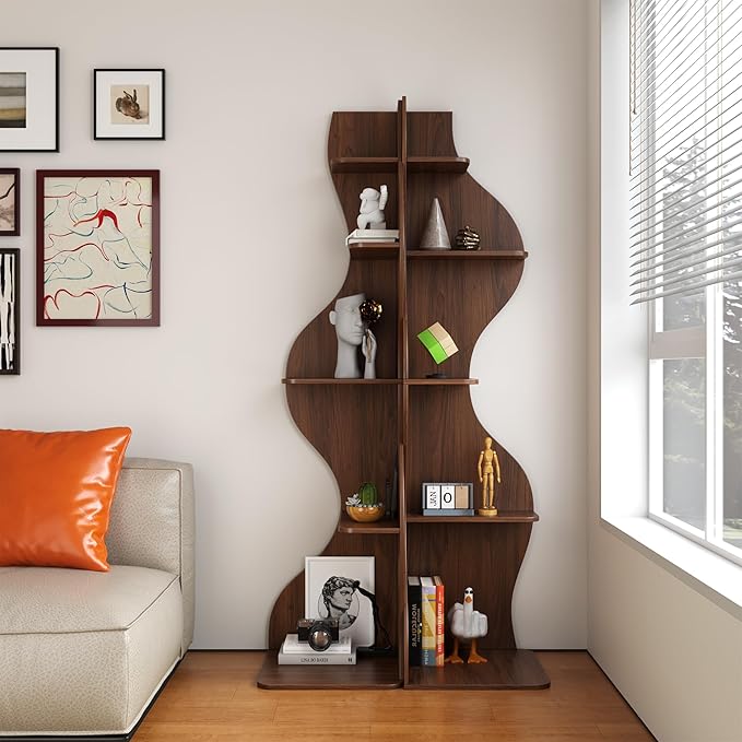 YOWOS Modern Corner Shelf, 5 Tier High Corner Bookshelf for Small Spaces, Scalloped Corner Bookshelf and Storage, Wooden Display Stand for Plants, Books and Decorations (Walnut)