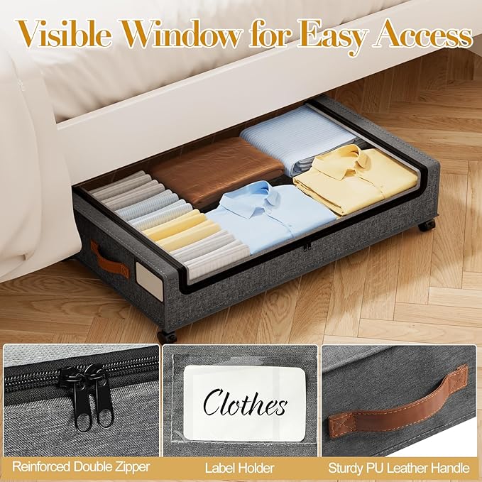 Yecaye Under Bed Storage with Wheels, 2 Pack Under the Bed Storage Containers with Lids & Label, XXL 60L Rolling Underbed Storage Drawers for Clothes, Blankets, Shoes, Hemp Gray
