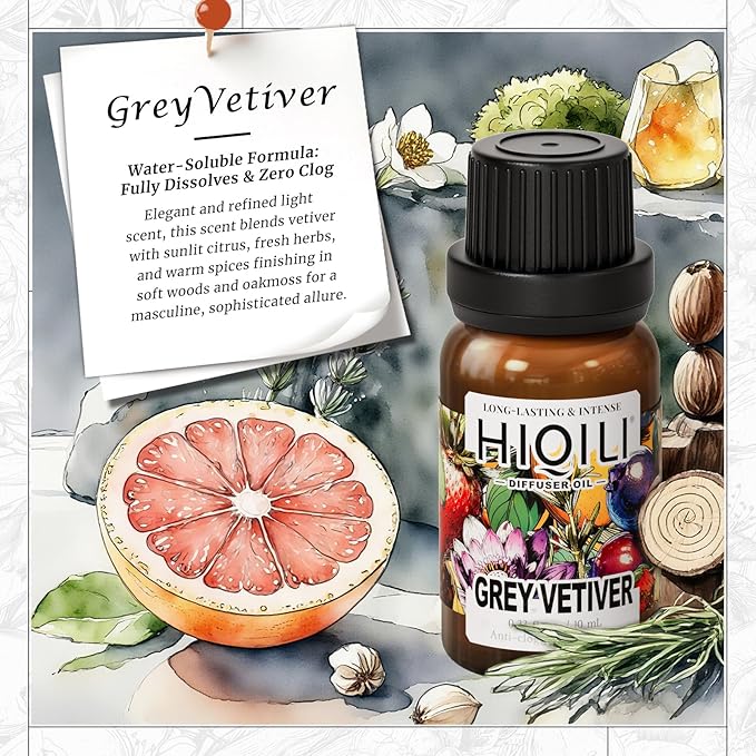 HIQILI Grey Vetiver Diffuser Oil for Humidifiers, Ultrasonic Diffusers, & DIY Sprays, Fast Diffusion for Large Spaces, Pet - Safe, Suitable for Home and Other Scenarios - 0.34 Fl Oz
