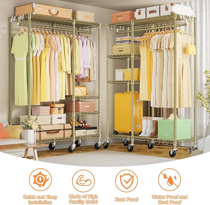 Ulif F4R Heavy Duty Clothes Rack(With Lockable Wheels )Rolling Clothing Racks for Hanging Clothes，Adjustable Closet Organizer System，Portable Garment Rack 45"W x 15.8"D x 73.5"H，Max Load 650LBS,Gold
