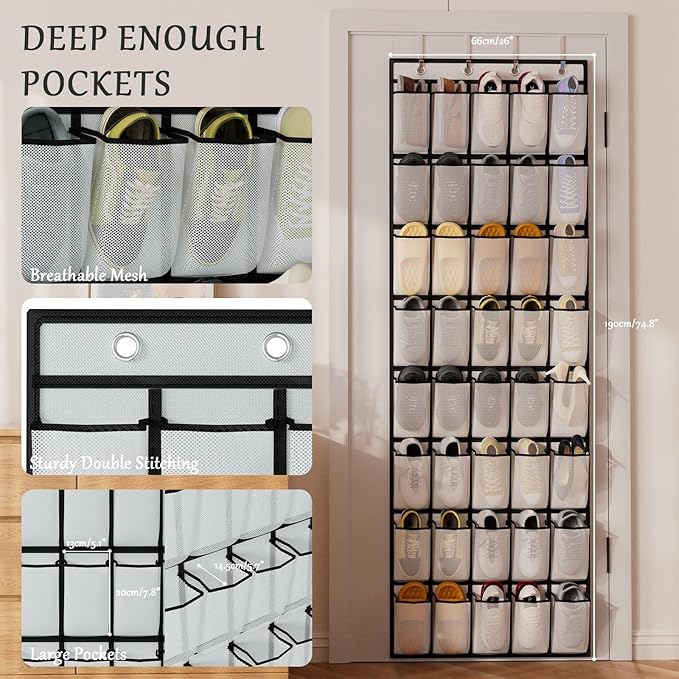 homyfort Over the Door Shoe Organizer, 40 Large Breathable Mesh Pocket,Space Saving Hanging Shoe Rack,Shoe Storage Holder for Entryway Bedroom Closet