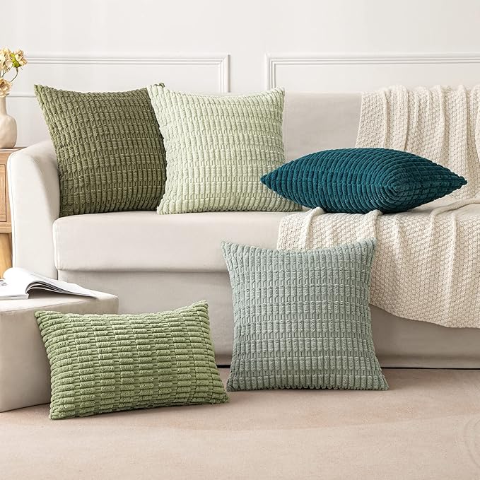 MIULEE Pack of 2 Spring Corduroy Decorative Euro Sham Throw Pillow Covers 24x24 Inch Soft Boho Striped Pillow Covers Modern Farmhouse Home Decor for Summer Sofa Living Room Couch Bed Greyish Green