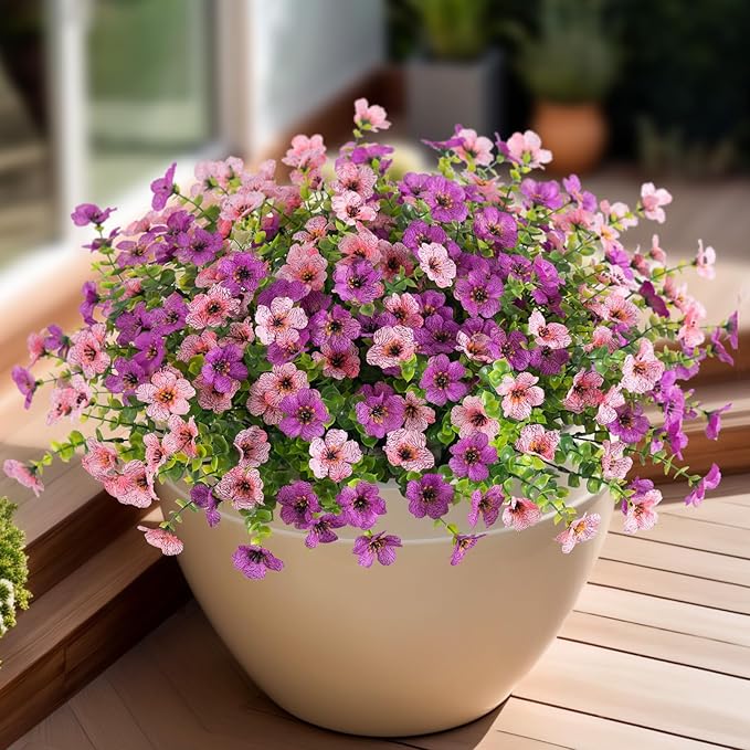 Artificial Fake Plants Flowers for Outdoor Spring Decor, 12 Bundles Faux Silk Mums for Planter Pot Colorful UV Resistant Look Real for Front Door Porch Patio Outside Yard(Purple Pink)