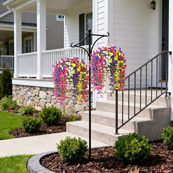 Artificial Flowers with Hanging Basket, Outdoor Faux Plants Silk Morning Glory Vines, Fake Petunias for Garden Patio Spring Summer Decor, Mixed Color