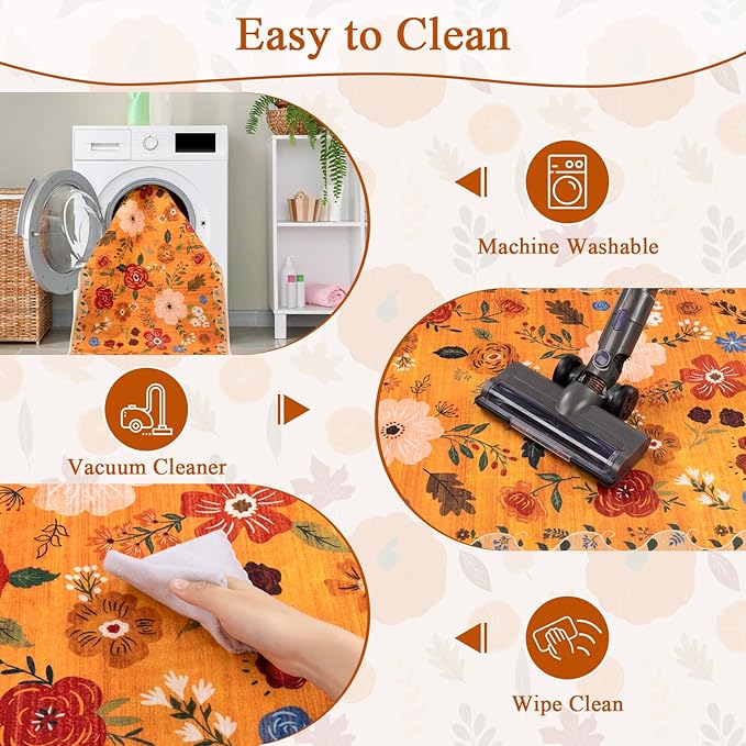 U'Artlines 2'6" x 8' Fall Boho Runner Rug for Hallways Kitchen Colorful Floral Soft Non Slip Washable Floor Carpet Runners for Entryway Laundry Room Bathroom Orange