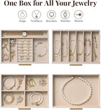 pickpiff Jewelry Box Organizer Case for Women: 4-Layer Jewelry Storage Case with Glass Window, Pure White Leather with Velvet Holder for Ring Necklace Bracelet Brooch Watch, Great Gift for Her