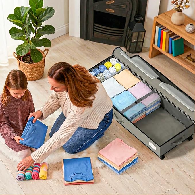 GoMaihe Under Bed Storage with Wheels: 70L Rolling Bins for Wrapping Paper Storage, Toys, Clothes - Includes Mesh Bag & Adjustable Dividers, Metal Frame Easy Pull-out Grey 1-Pack