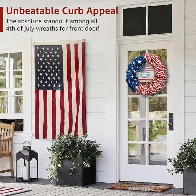 4th of July Wreath for Front Door - 20 inch Memorial Day Patriotic Decorations Outdoor, Red White and Blue 1776-2026 USA 250th Anniversary Burlap American Flag Door Wreaths