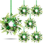 6 PCS Mini St. Patrick's Day Glitter Shamrocks Wreath for Front Door St. Patrick's Day Kitchen Cabinet Wreaths Decorations with Ribbon Small Lucky Green Irish Clover Berry Wreath for Porch Wall Window