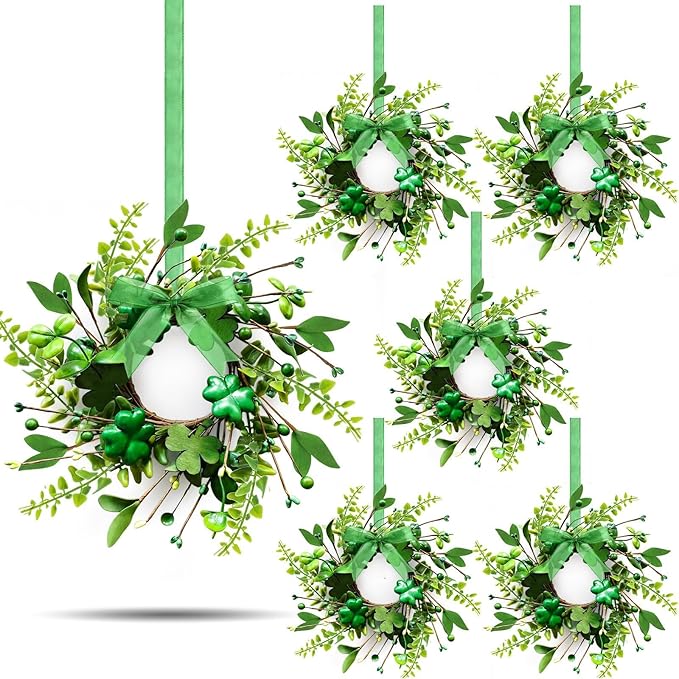 6 PCS Mini St. Patrick's Day Glitter Shamrocks Wreath for Front Door St. Patrick's Day Kitchen Cabinet Wreaths Decorations with Ribbon Small Lucky Green Irish Clover Berry Wreath for Porch Wall Window